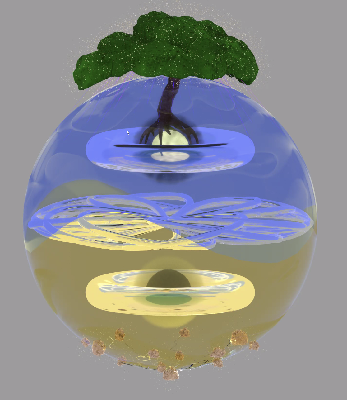 A graphic representation of The Winding Path to Wisdom. It's sort of a yin-yang symbol, dark blue at the top, and bright yellow on the bottom. There are organic features such as a big tree with visible roots. This is a 3D-rendered representation of the previous image, without any labels.