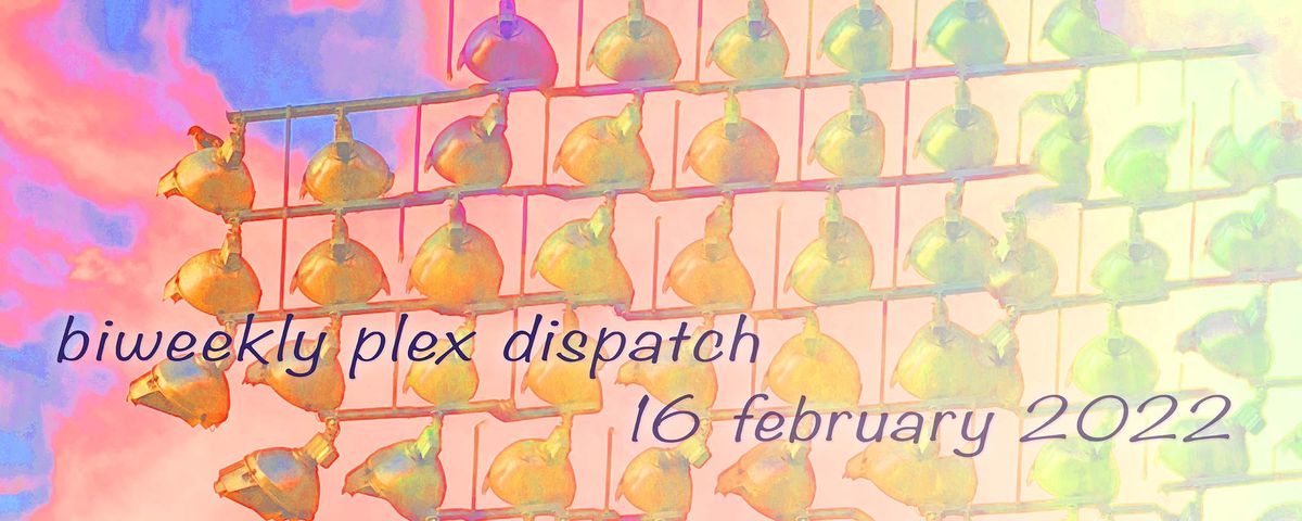 Abstract image with text, "biweekly plex dispatch 16 february 2022".