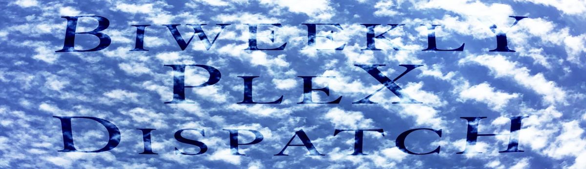 Blue background with small patchy white clouds. The words "Biweekly Plex Dispatch" are prominently interlaid.